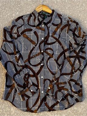 Lauren Ralph Lauren Button Up Shirt Womens XL Equestrian Horse Bit Houndstooth